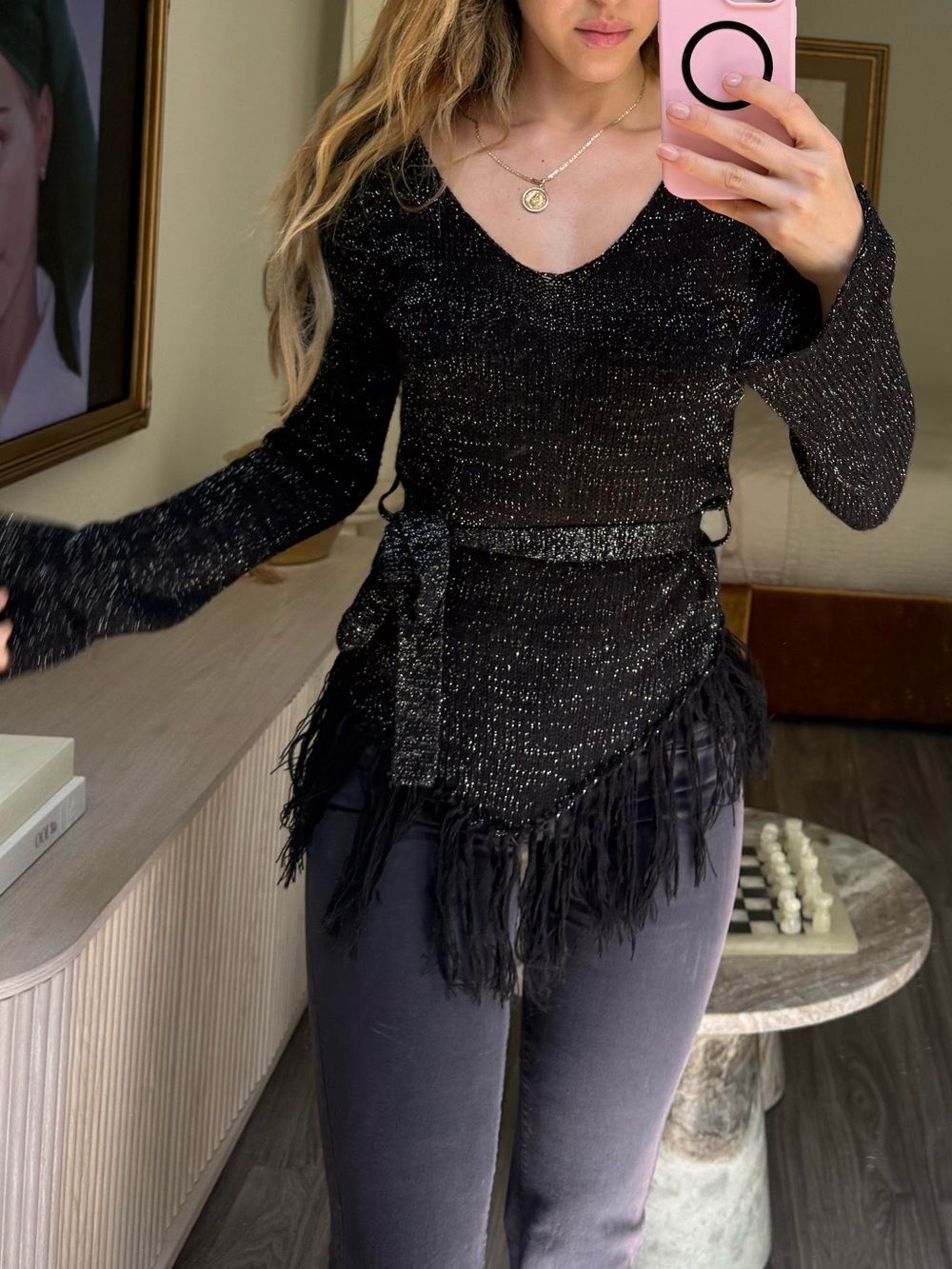 Rampage Y2K Black Metallic Sheer Knit Fringe Bell Sleeve Tie Belt Top M